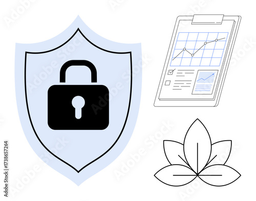 Black lock on shield symbolizing security, clipboard with analytics chart for data management, leaf icon for sustainability. Ideal for cybersecurity, analytics, eco-friendliness, business, growth