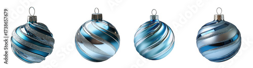 Four blue and silver striped christmas baubles with glitter, isolated on transparent background