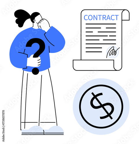Person holding question mark, thinking about a signed contract and financial implications. Ideal for decision-making, legal agreements, business deals, finance, negotiation, uncertainty, simple flat