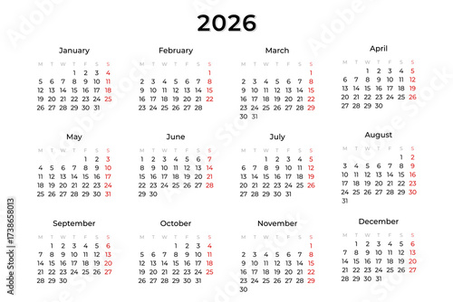 2026 Year Calendar Template. Classic simple minimalist calendar for 2026. White background. Week Starts on MONDAY. Perfect for business planning, office use, and printed calendars. Vector illustration