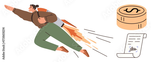 Person soaring with jetpack emphasizing ambition and achievement. Coins and signed document reflect financial success, entrepreneurship, and partnerships. Ideal for growth, business, motivation