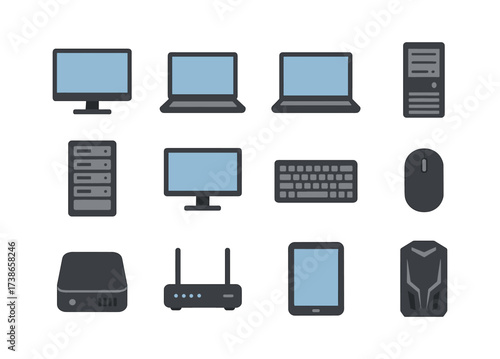 Modern electronic devices set with minimalist icons for tech and gadgets