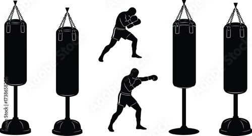 Boxing silhouette, punching bag, boxer stance, fight training, combat sport, gym workout, martial fitness, athletic occupation