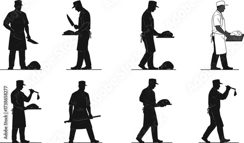 Butcher silhouette, meat cutting, professional chef, kitchen worker, cleaver knife, food preparation, meat industry, culinary occupation