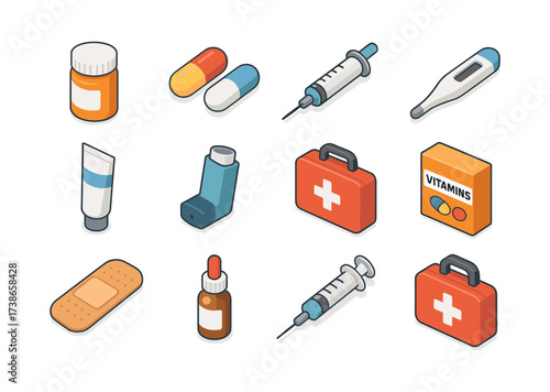 Isometric medical supplies: pills, syringe, thermometer, and more