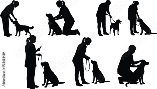 Dog training silhouette, pet obedience, handler pose, owner teaching, animal care, canine work, trainer job, professional occupation