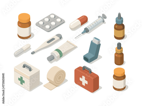 Isometric medical supplies set with first aid and medications on white background