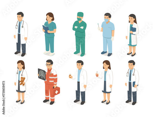 Isometric medical professionals in various roles and uniforms
