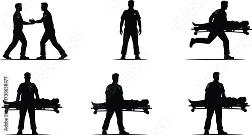 Emergency responder silhouette, stretcher carry, rescue worker, medical job, ambulance staff, patient transport, healthcare role, professional occupation