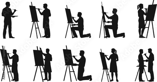 Painter silhouette, artist easel, painting canvas, creative work, art studio, brush palette, artistic job, professional occupation