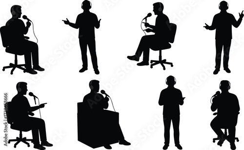 Podcast silhouette, broadcaster pose, radio host, microphone talk, audio recording, media job, studio work, professional occupation