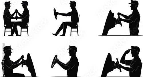 Pilot silhouette, driver training, steering wheel, vehicle control, simulator pose, uniform worker