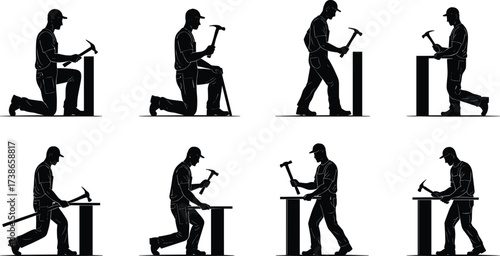 Worker silhouette, hammer chisel, manual labor, construction worker, craftsman tool, stone carving, carpentry work, industrial occupation