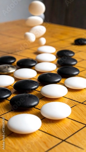 Go stones in mid-play on a board