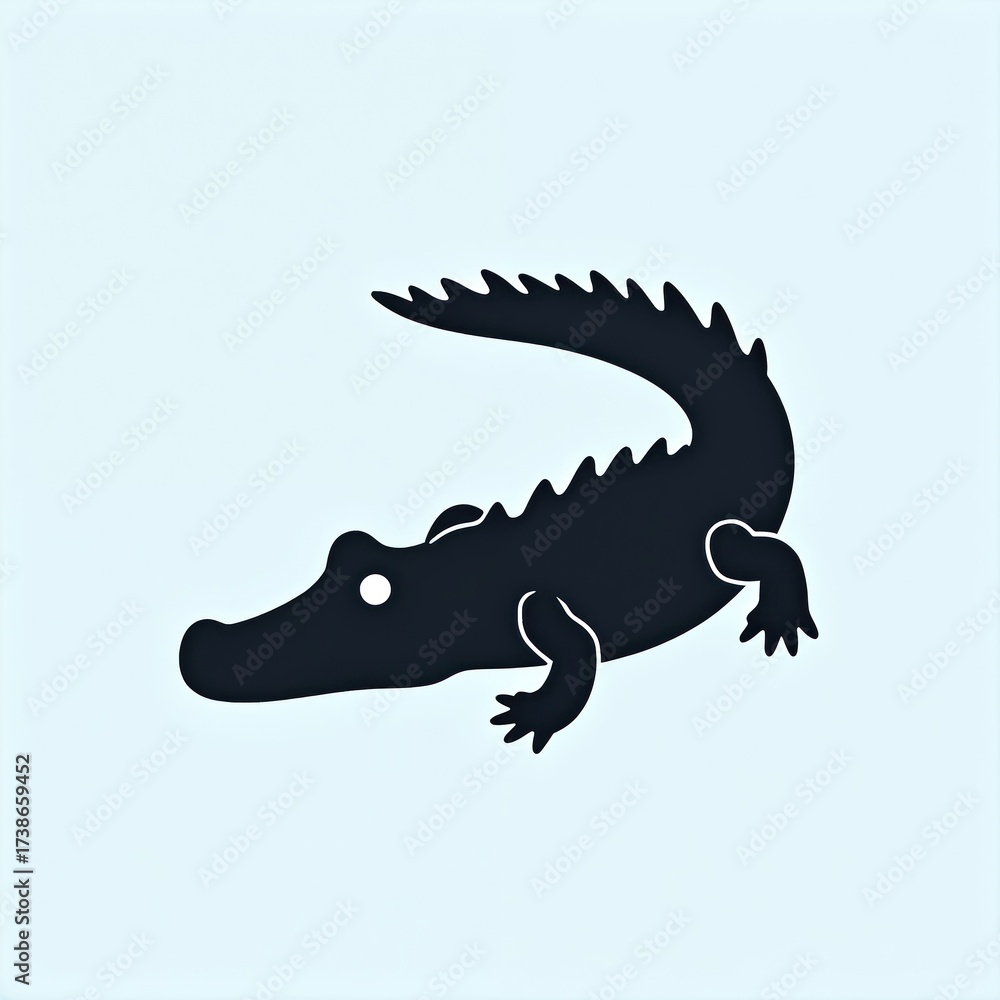 Obraz premium Minimalist black crocodile icon design. Simple reptile silhouette on light blue background. Cute modern logo for wild animal brand. Flat cartoon graphic of alligator. Creature image clean bold art