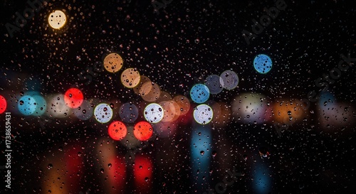 Fototapeta Naklejka Na Ścianę i Meble -  Numerous small rain droplets cling to a dark wet glass surface, creating a textured foreground against a blurred backdrop of vibrant red, blue, and yellow city lights at night.