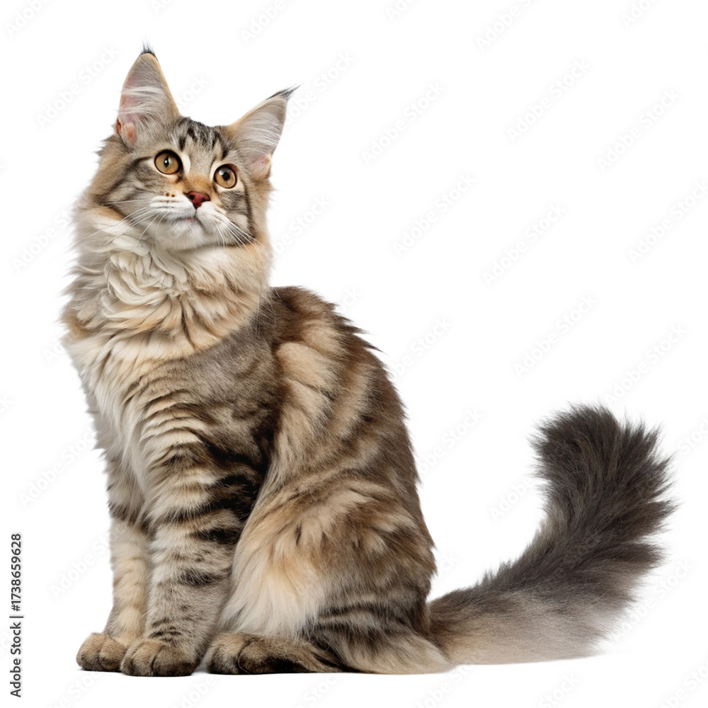 Obraz premium Majestic fluffy Maine Coon cat with striking amber eyes sits elegantly, capturing attention with its luxurious fur and serene pose