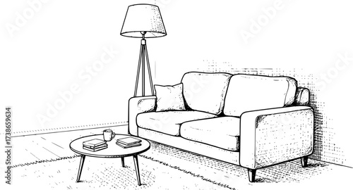 Living room sketch with couch and lamp. Hand-drawn cozy interior vector isolated on white.
