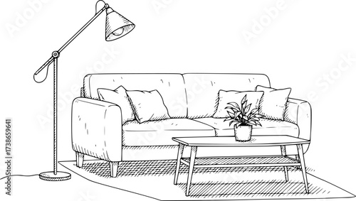 Living room sketch with couch and lamp. Hand-drawn cozy interior vector isolated on white.

