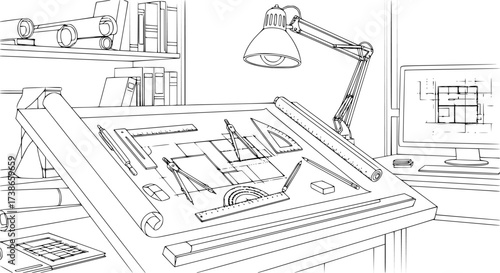 Architect Workspace Outline Vector. Professional Drafting Table Setup With Blueprint And Tools.
