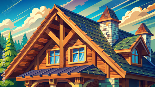 Close-up of a wooden roof on a rural house, natural texture, detailed architecture, 3D perspective, scalable vector, clean lines, vibrant tones, professional illustration, rustic isometric design 