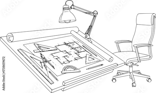 Architect Workspace Outline Vector. Professional Drafting Table Setup With Blueprint And Tools.
