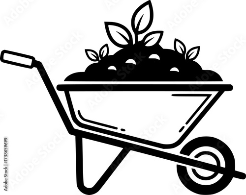 Wheelbarrow with soil and plants outline. Minimalist gardening vector for outdoor and farming concepts.
