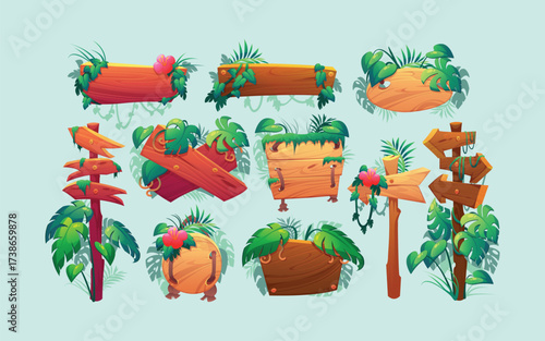 Wooden signboards, planks and pointers in jungle Vector