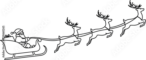 Santa Claus in his sleigh pulled by reindeer, soaring through the sky with gifts.