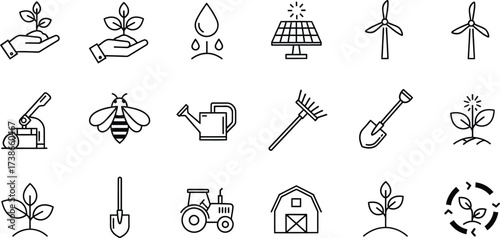 Collection of simple icons representing sustainable farming and agriculture with renewable energy symbols.