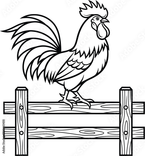 Majestic rooster perched proudly on a rustic wooden fence at dawn