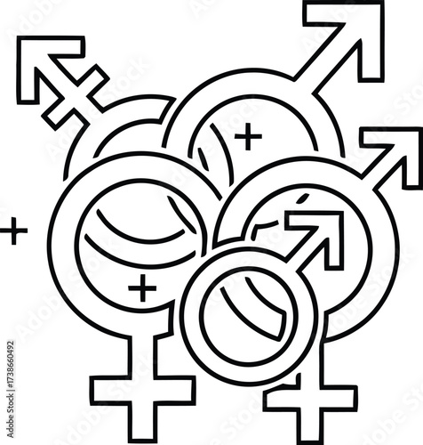 Diverse gender symbols intertwined, representing identity and community
