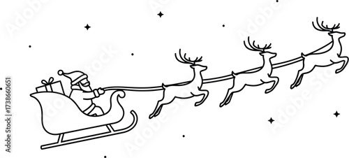 Whimsical Santa Claus in sleigh pulled by reindeer, delivering gifts under a starry night sky.