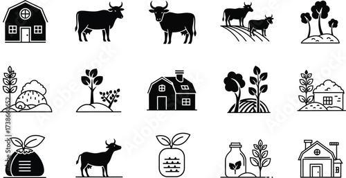 Farm and agriculture icons depicting barns, livestock, crops, and rural life