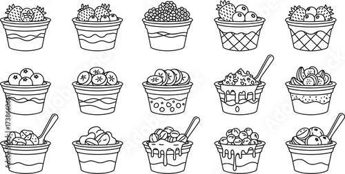 Collection of hand-drawn fruit cups, perfect for healthy eating and dessert illustrations.