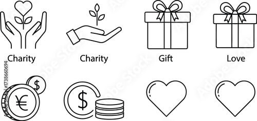 Collection of icons symbolizing charity, gifts, love, and financial support for good causes.