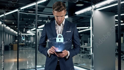 Wallpaper Mural Futuristic video concept with a businessman interacting with a digital lock hologram. Shot from a front angle in a modern office setting. Torontodigital.ca