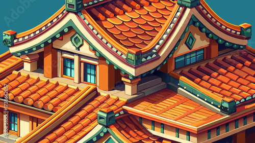 Close-up of a tiled roof on a classic house, ceramic pattern, detailed structure, 3D perspective, scalable vector, vibrant colors, clean lines, professional rendering, traditional isometric 