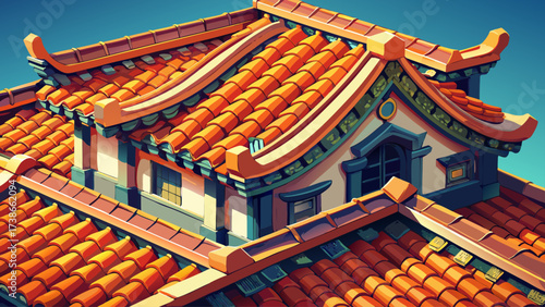 Close-up of a tiled roof on a classic house, ceramic pattern, detailed structure, 3D perspective, scalable vector, vibrant colors, clean lines, professional rendering, traditional isometric 