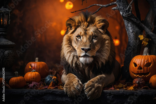 Majestic lion predator animal on dark scary Halloween background AI Generative
