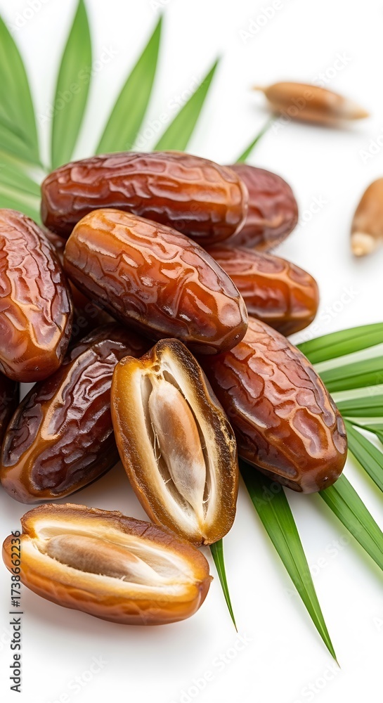 Obraz premium Dried Dates on Palm Leaf Background.