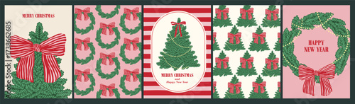 Christmas, New Year retro holiday card. Season's greetings. Christmas tree,, garland, bows. Vintage design.
