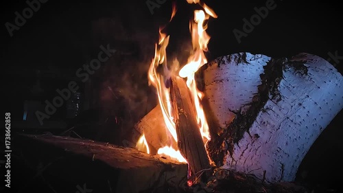 Tea in a transparent glass against the backdrop of a fire at night, with yellow leaves falling from the trees in late autumn
