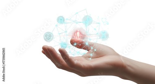 Human Hand Holding Digital Health Network Hologram