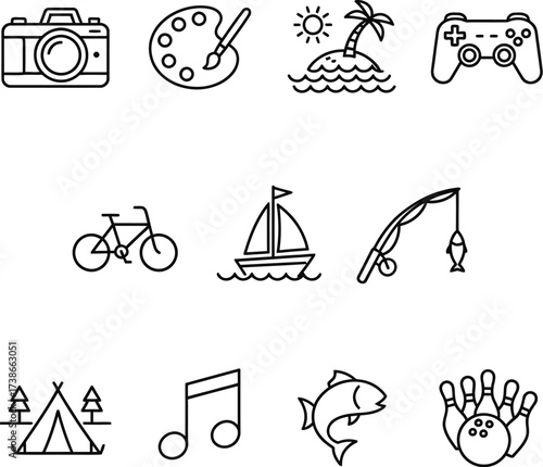 Line Style Web Icons for Leisure Activities and Interests

