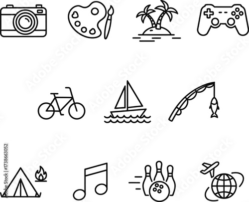Line Style Web Icons for Leisure Activities and Interests

