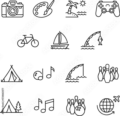 Line Style Web Icons for Leisure Activities and Interests

