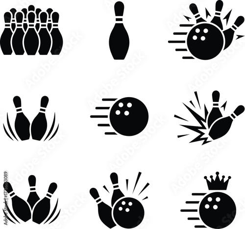 Bowling Glyph Icon Set: Black Silhouette Ball, Pin & Strike Symbols - Sport & Recreation

