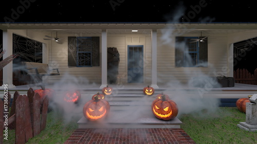 ハロウィンの飾りつけをした家　3DCGレンダリング