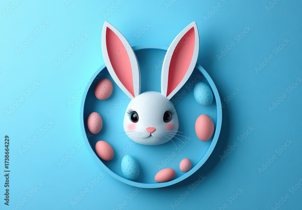 Fototapeta premium Minimal Bunny Ears Frame on Blue Background. White blank circle modern minimalist frame with Easter bunny ears in white and pink over bright blue textured background 3D rendering